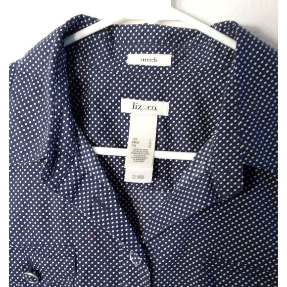 Liz & Company Polka Dot Button Down Shirt Women Large Blue White Dots Stretch - Picture 3 of 10